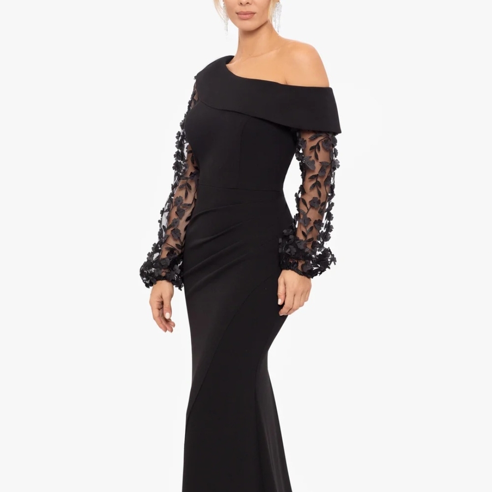 Xscape Blue Asymmetrical Bishop Sleeve Gown